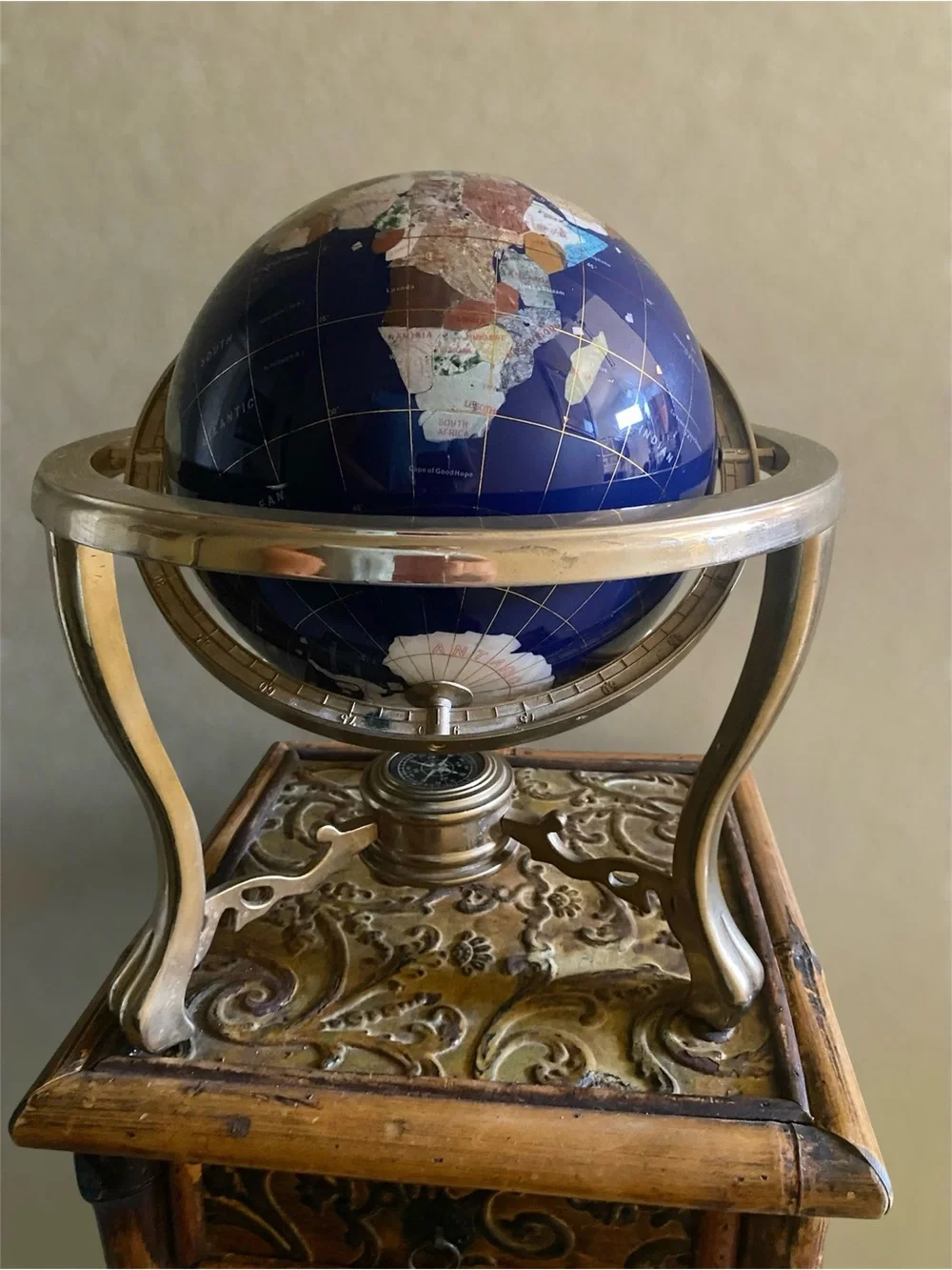 Lapis Gemstone Glob Compassion Decorative Globe W/Brass Tripod Base